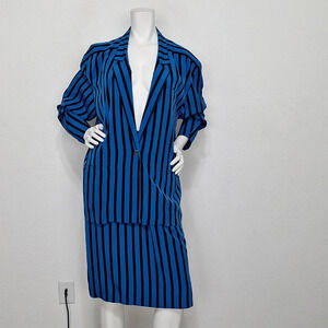 Vintage Liz Claiborne Blue Black Striped Single Button Jacket & Skirt Set Size 8
